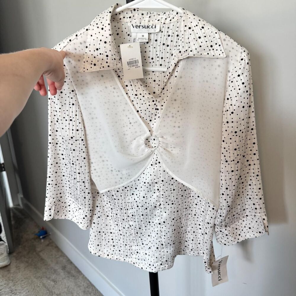 Vintage Versucci Blouse \ 80s White Collared Blouse with Half-Sleeves